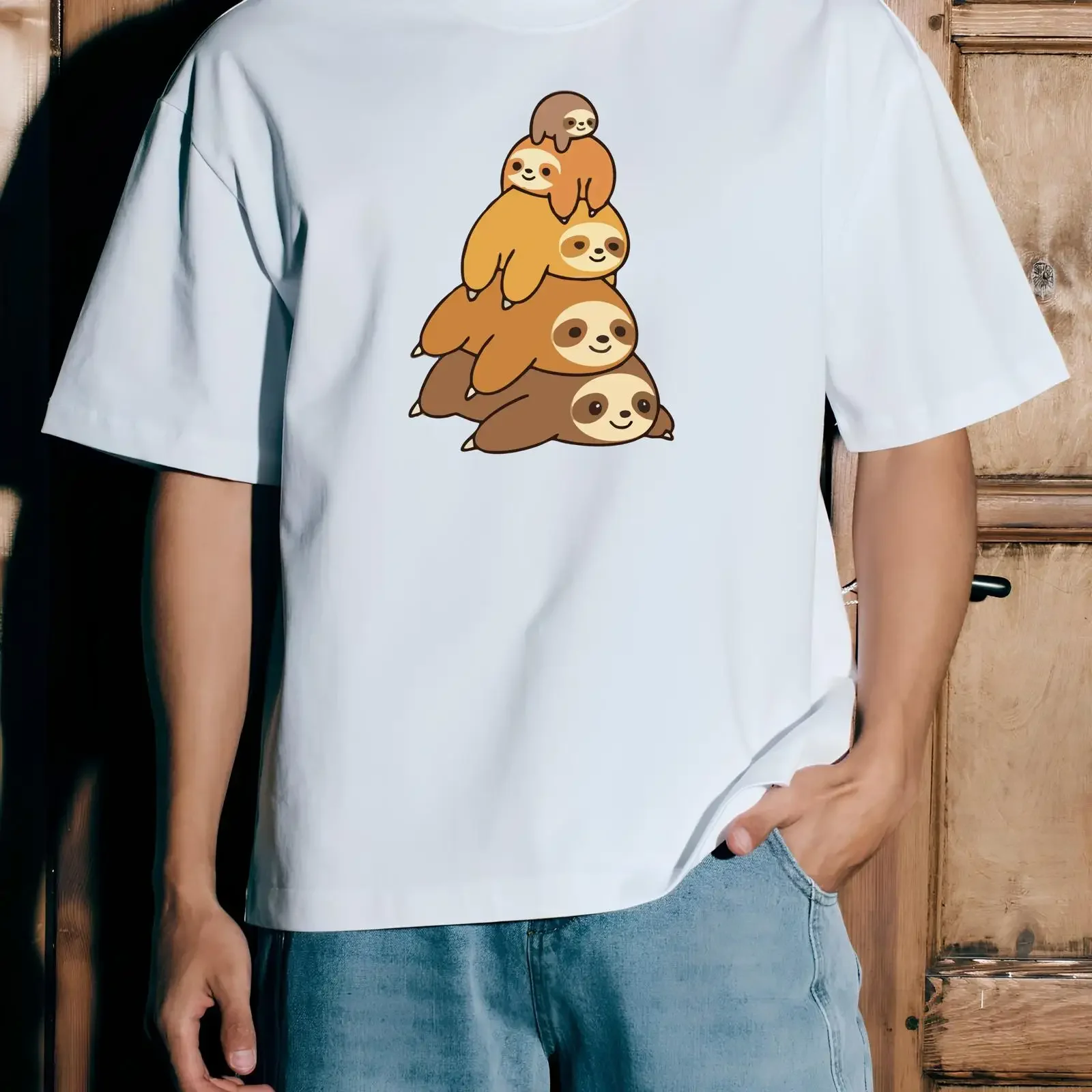 Cute Sloth Stack T Shirt Lazy Pyramid Animal Black Casual 100 Cotton Novelty  vintage Washed Versatile Slightly Comfortable