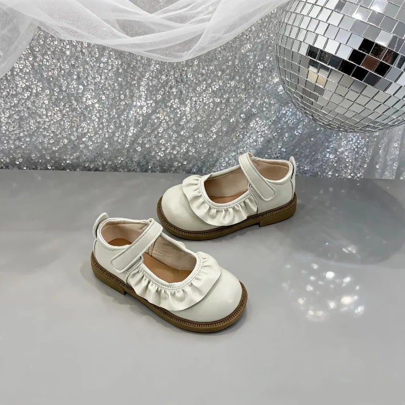 Little Girls Mary Jane Shoes Ruffle Trim Non-slip Beige Pink Children Leather Shoes Wedding Party Kids Princess Dress Flat Shoes
