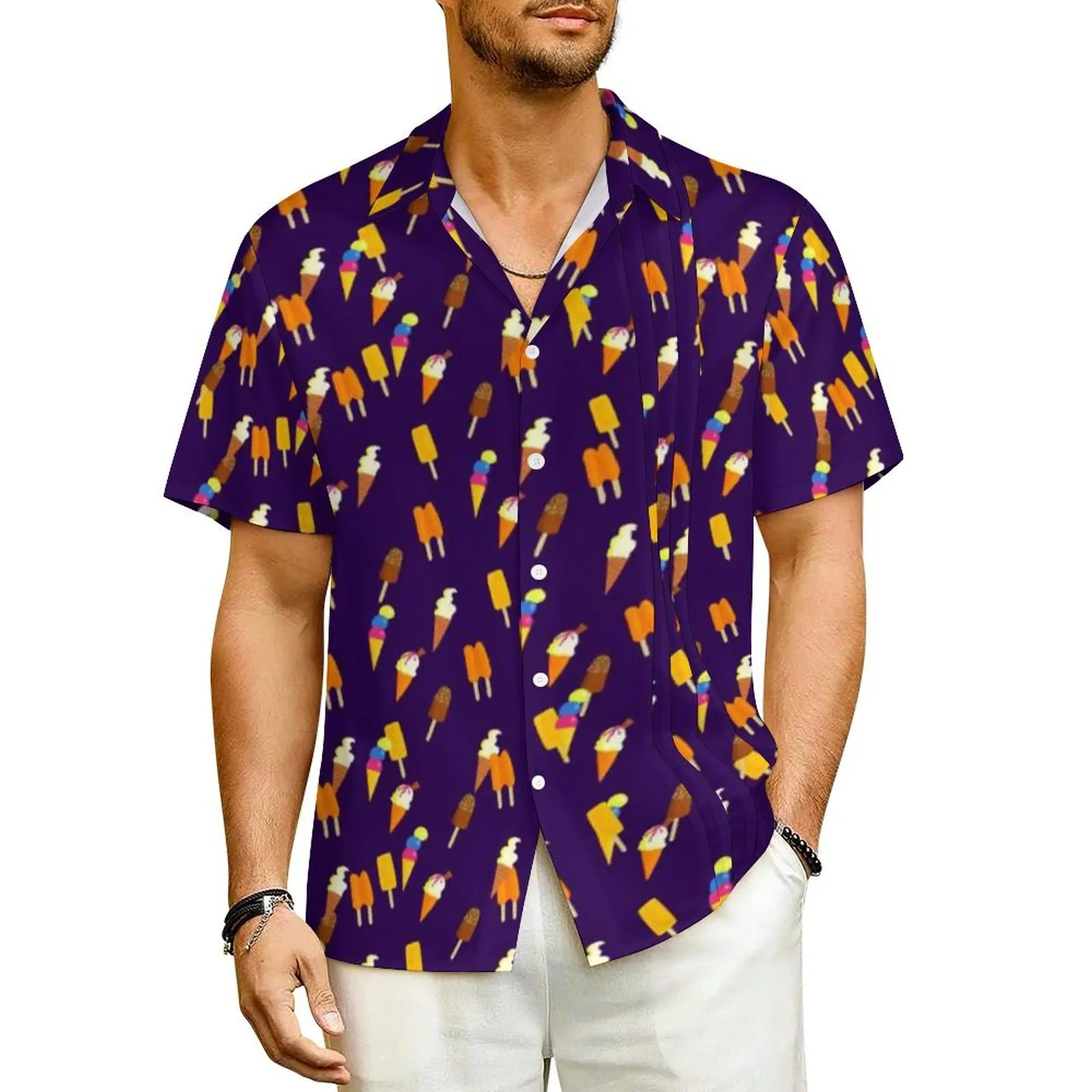 

Hawaiian Shirt Beach Ice Creams Design Blouses Fun Cartoon Retro Casual Shirts Man Short Sleeve Korean Fashion Oversized Top