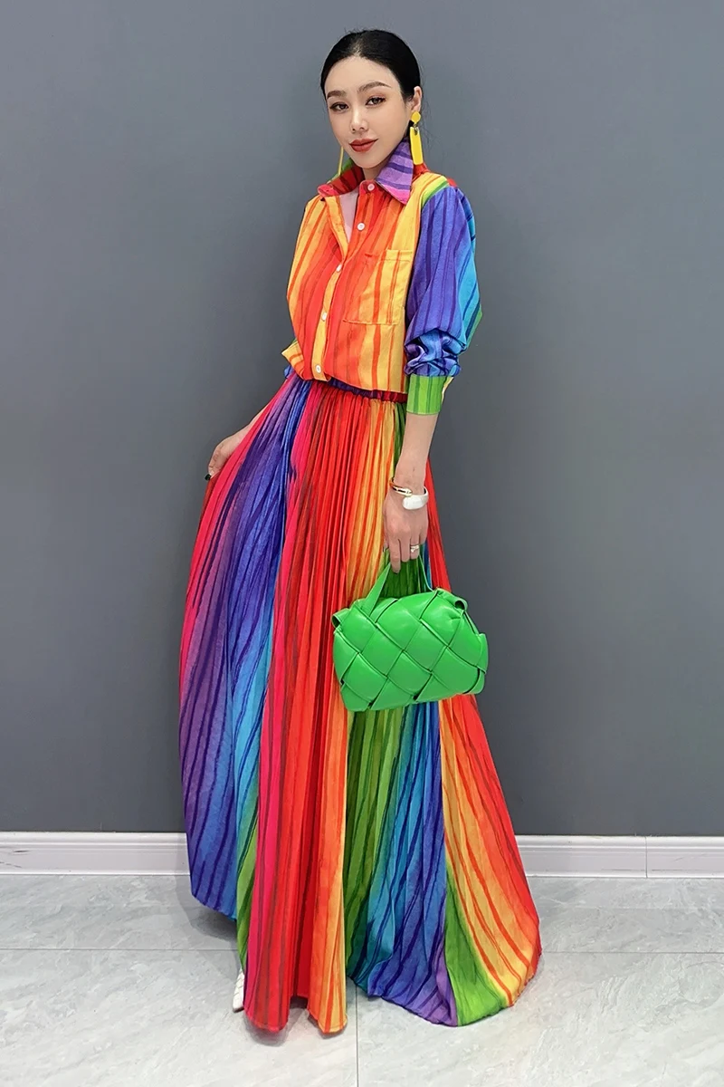 2024 Autumn New Women Set Colorful Shirt Loose Folds Colorful Large Swing Long Skirt Two Piece Set J392