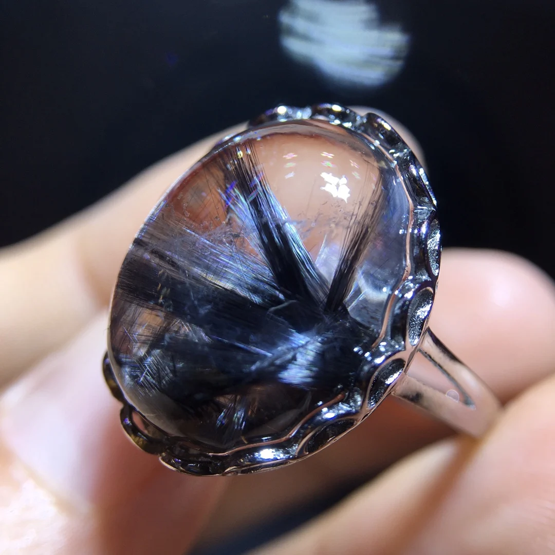 

Natural Brookite Platinum Rutilated Quartz Ring Oval 18.3/13.9mm 925 Silver Woman Men Water Drop Lucky AAAAA