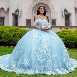 Angelsbride Sky Blue Ball Gown Quinceanera Dresses Vestidos 15 Años Quinceañera Long Train White Appliques Bow Ballkleider