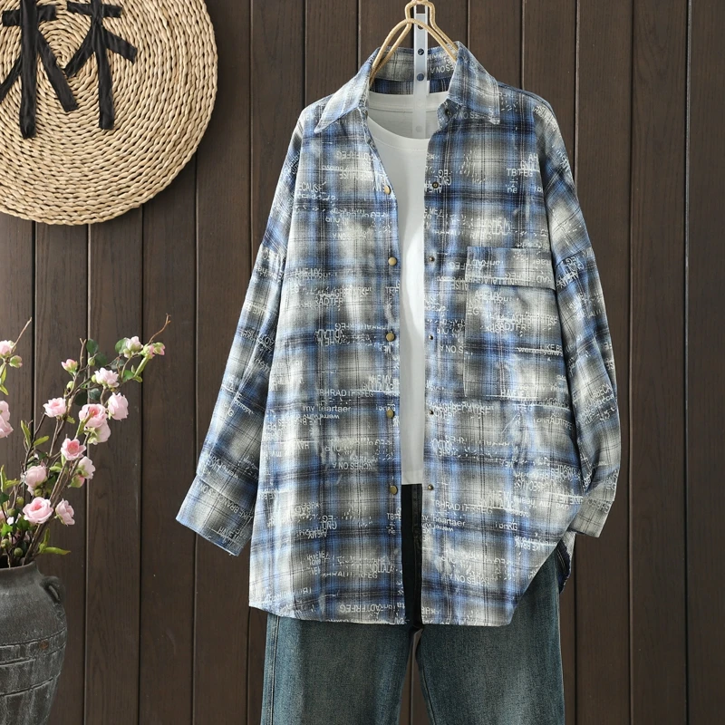 

Loose Fit Plaid irt Women's New Sle Long Sve Single Button Casual Versatile Cotton Polyester Blend Resistant to Deform...