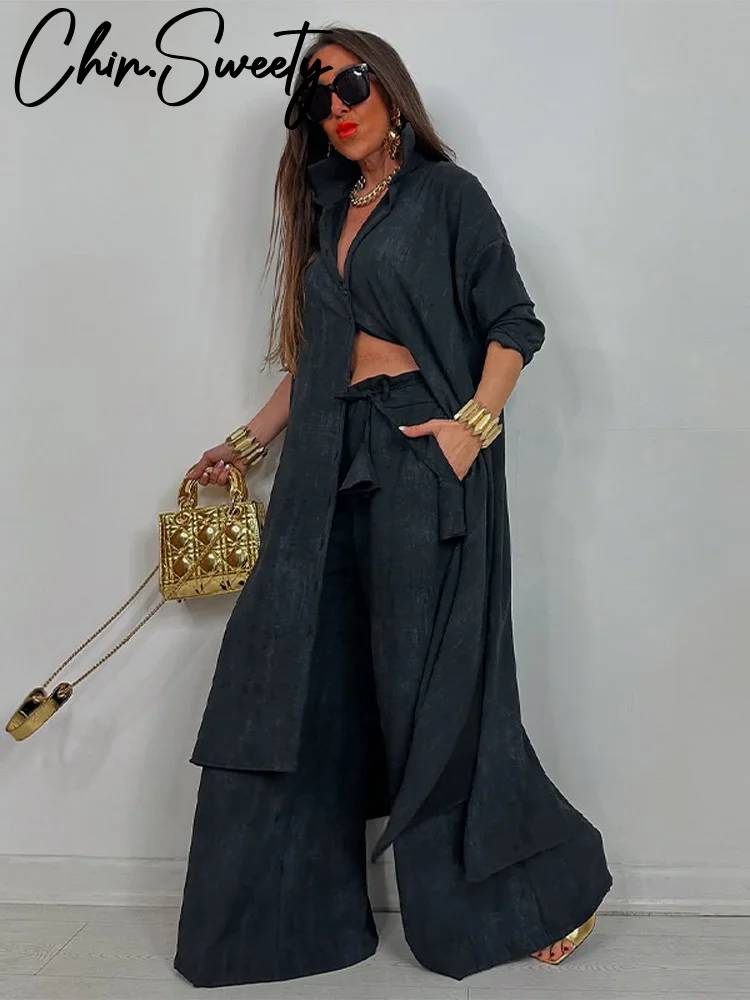 

Casual Women's Long Shirt Trouser Suits Loose Button Turn-Down Collar Sets Female 2025 Spring Summer 2 Pieces Set Lady