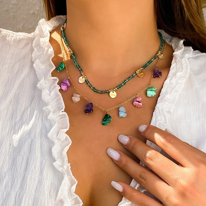 New Summer Women's Ethnic Style Color Pine Stone Necklace fashion Multi -layer necklace