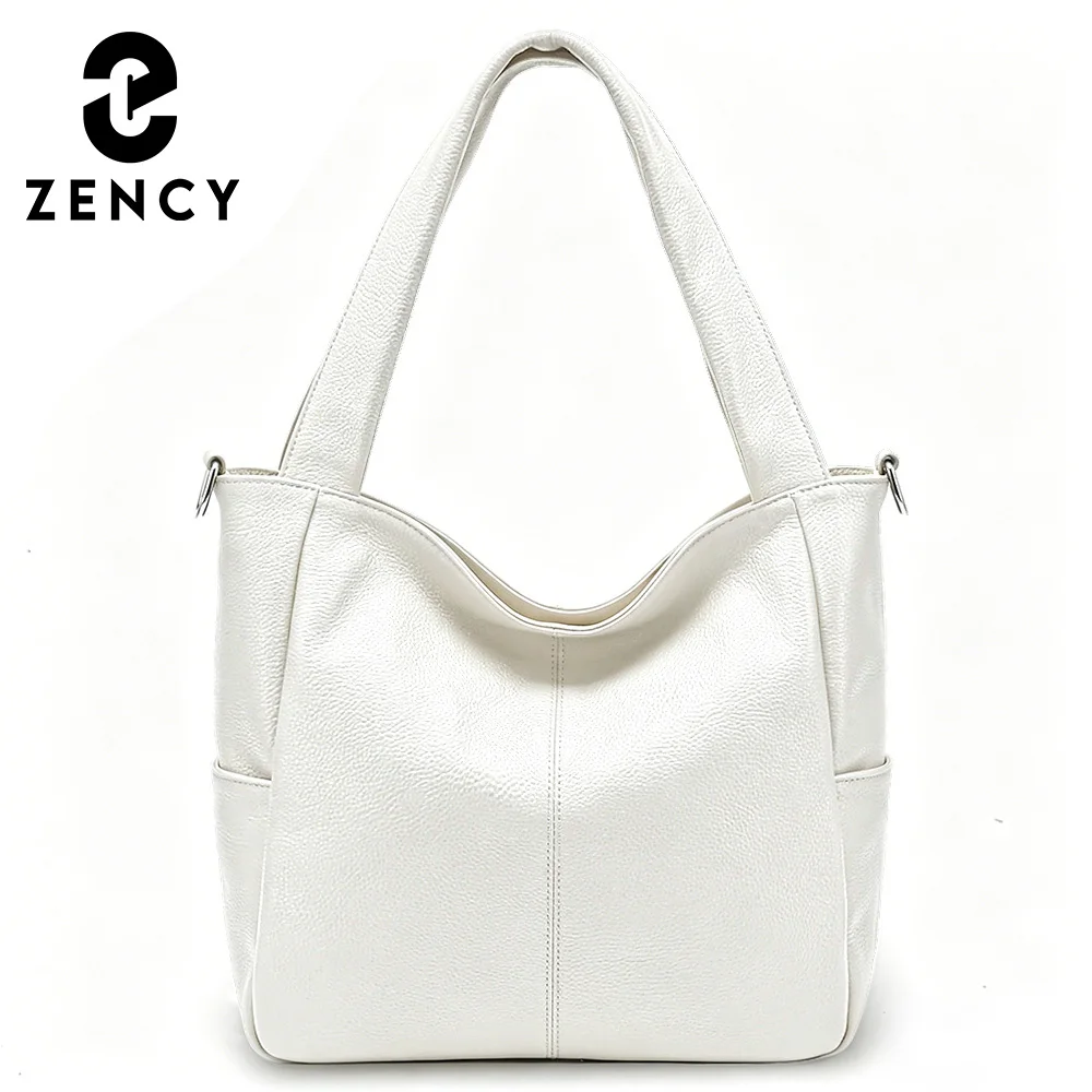 

Zency Pure White Shoulder Bag Genuine Leather Women Tote Handbag Large Capacity for Work Wide Handle Crossbody with Long Strap