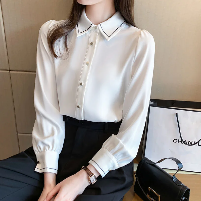 Women Spring Autumn Style Blouses Shirts Lady Casual Long Sleeve Turn-down Collar Solid Color Blusas Tops DF4959