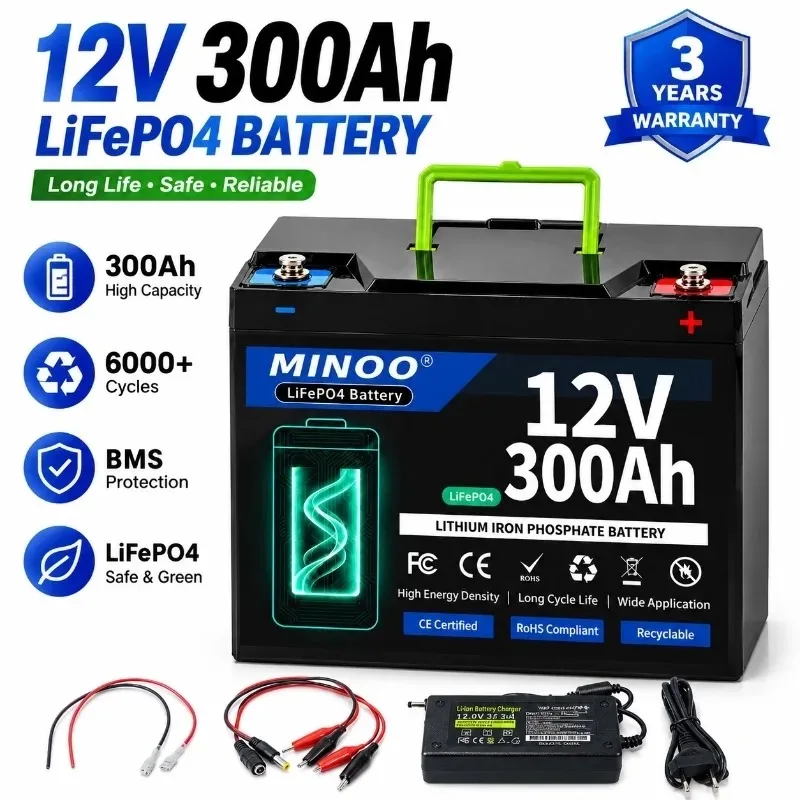 12V 300Ah LiFePO4 Solar Battery Deep Cycle Rechargeable Built-in BMS Lithium 300000mAh for Power Wheels Scooters Fish Finder