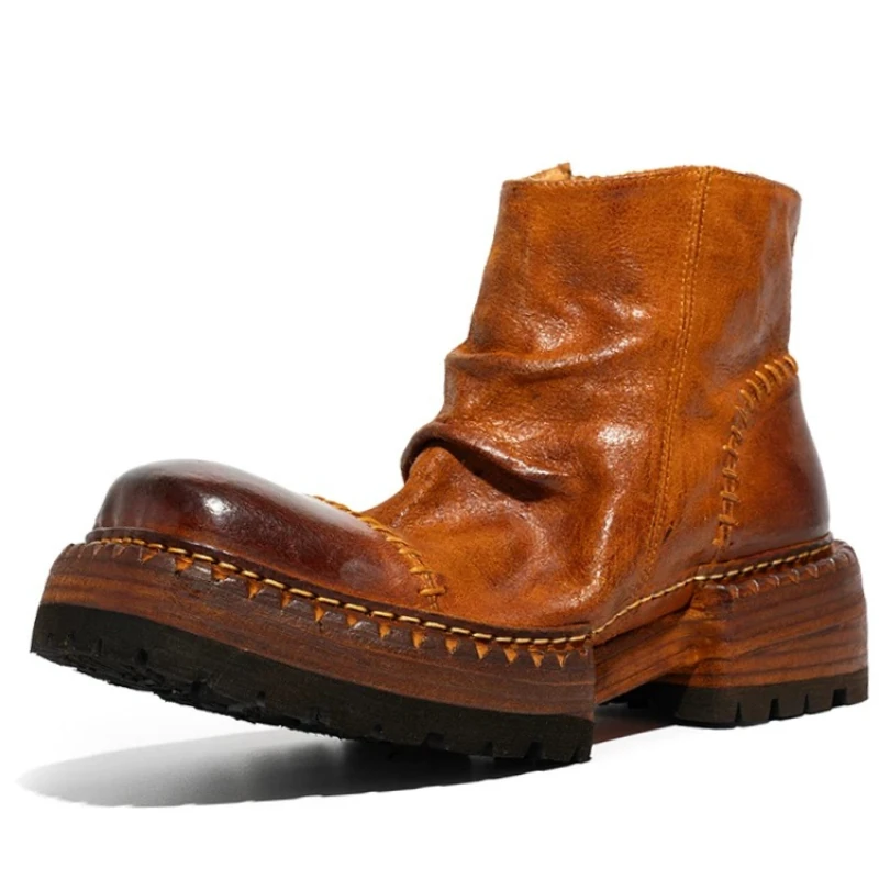 Europe Original Retro Washed Horse Skin Handmade Square Head Chelsea Boots Shoes for Men's Women's Leather Soles Horsehide Shoes