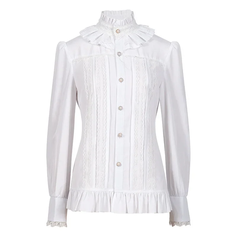 Womens White Bowknot Ruffled Long sleeve Shirts Vintage Renaissance Victorian Steampunk Gothic Medieval Shirt Halloween Costume