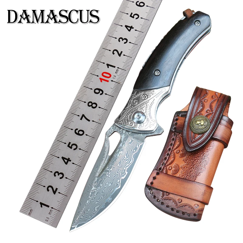 Damascus Steel Folding Knife High Hardness Outdoor Knife Portable Fruit Knife Fishing Camping Survival Practical Knife