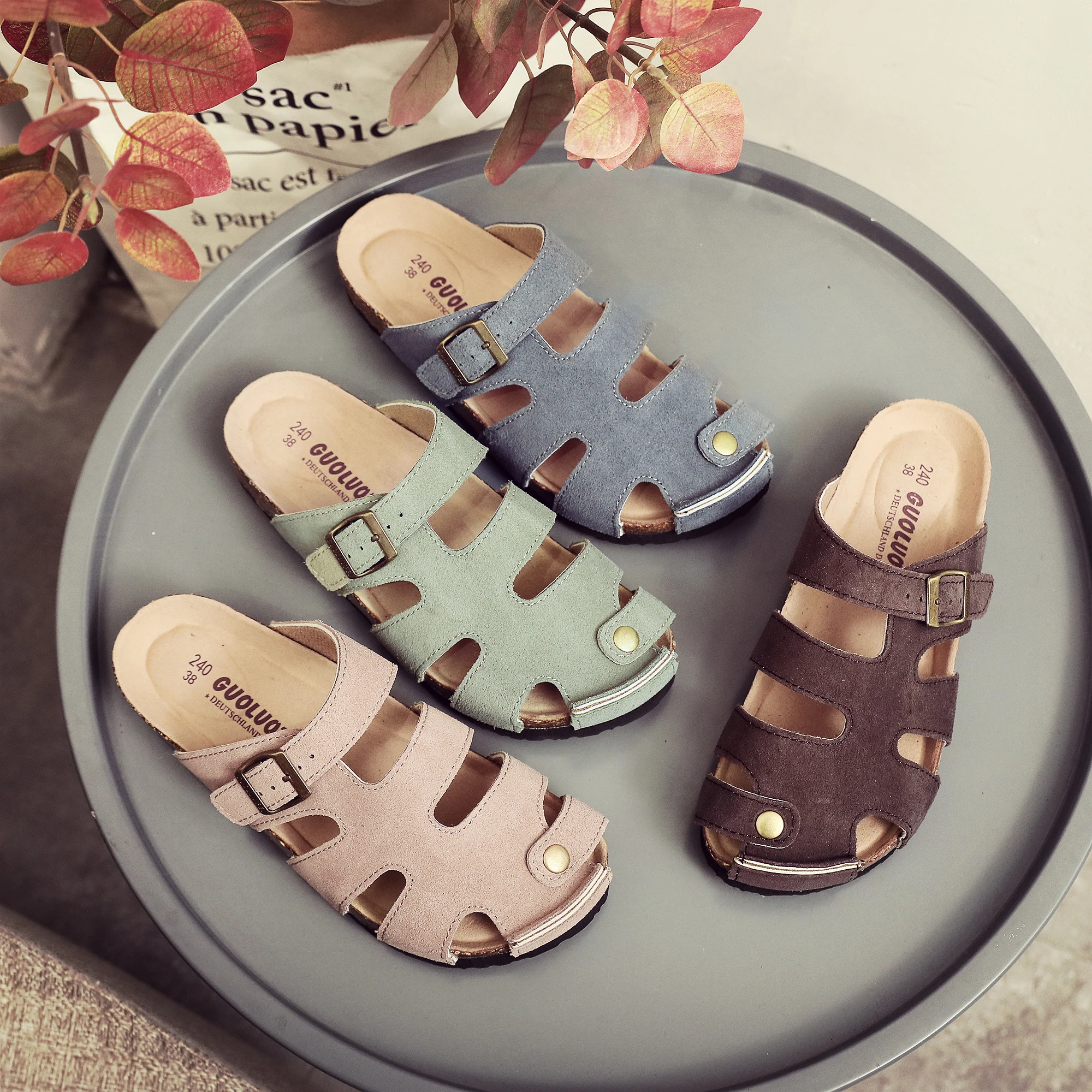 Summer Women Straps Out Beach Shoes Several Colors Closed Toe Slippers Cow Suede Leather Sandals