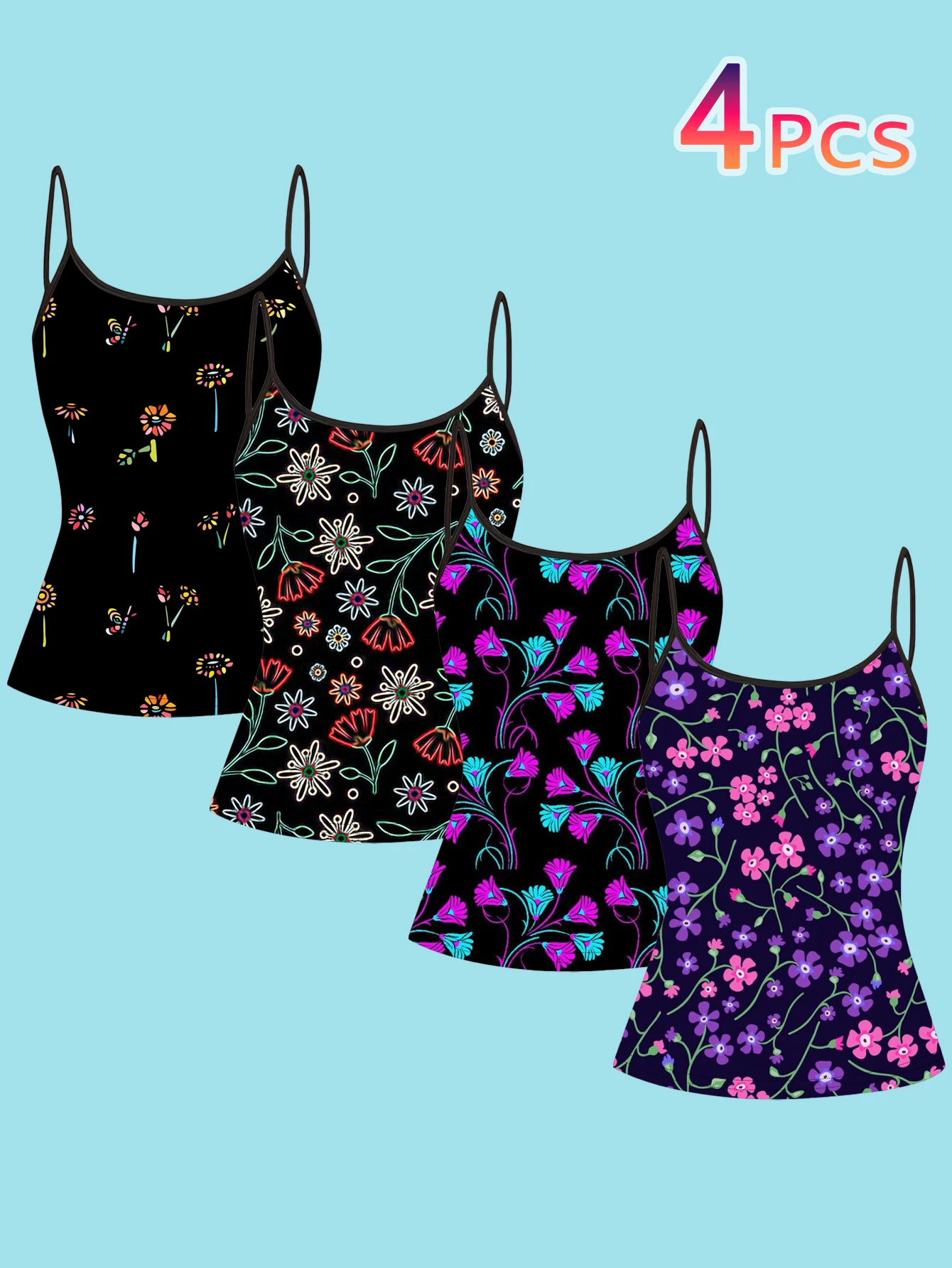 4-Piece Set of Hand-Painted Neon Line Floral Camisoles, Color-Blocking Fluorescent Floral Slim-Fit Tops for Women, Suitable for Both Inner and Outer Wear