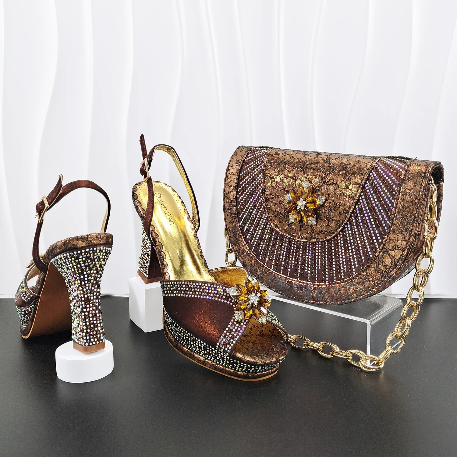 Conjunto de Tacones Altos y Bolso para Mujer, Color Marrón, Estilo Marture, para Fiesta o Boda, con Punta Abierta, Tallas Grandes, Decorado con Pedrería de Colores