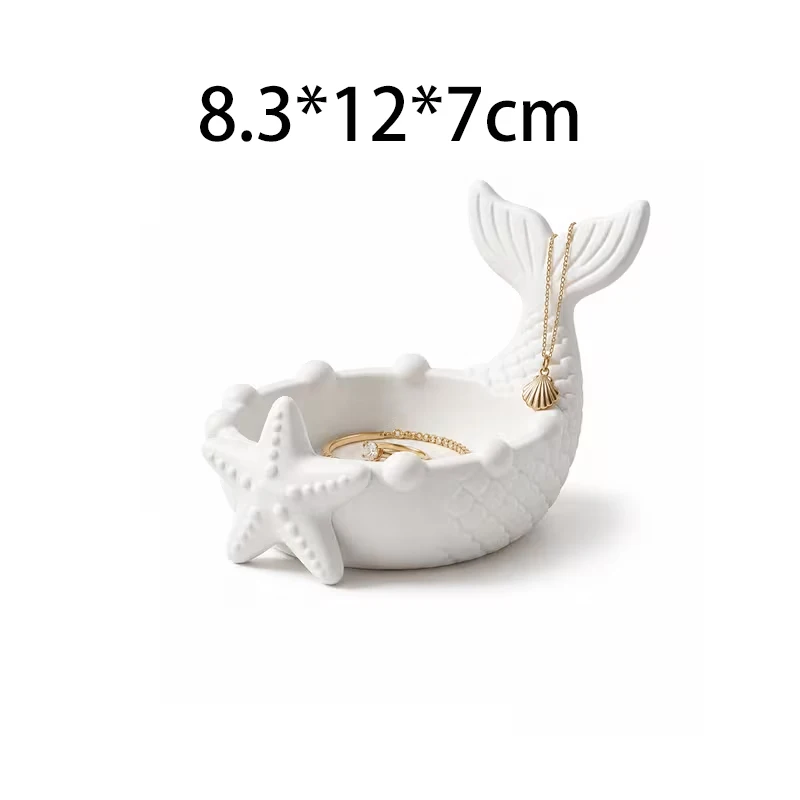 3D Printed White Mermaid Tail Trinket Tray Embossed Starfish Jewelry Dish Coastal Nautical Sculpture Ring Earring Storage Holder