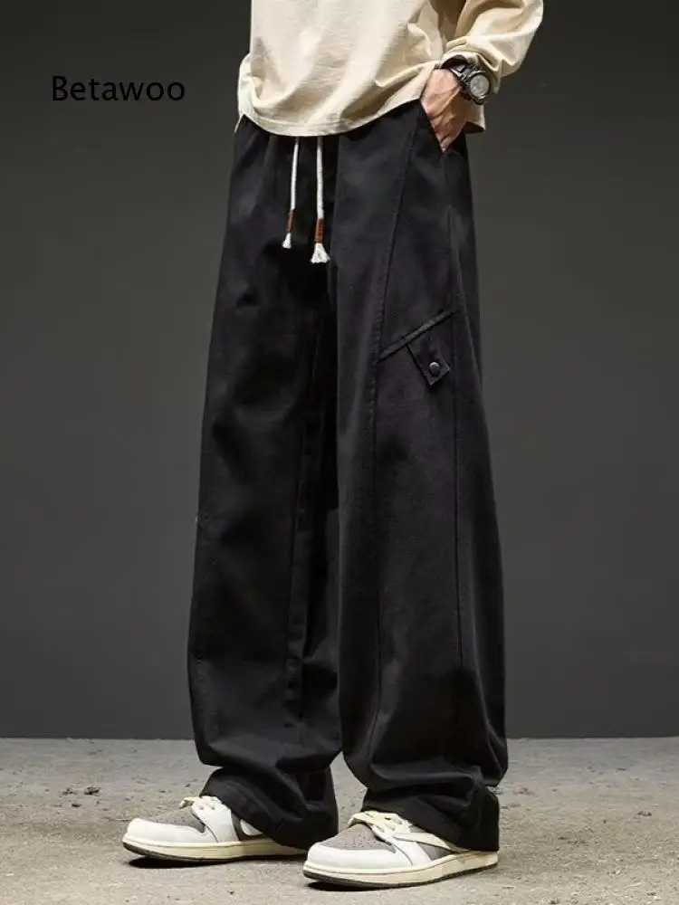 Men Relaxed Straight Wide Leg Pants Minimal Pocket Detail Drawstring Waist Casual Trousers For Matching Different Style Tops