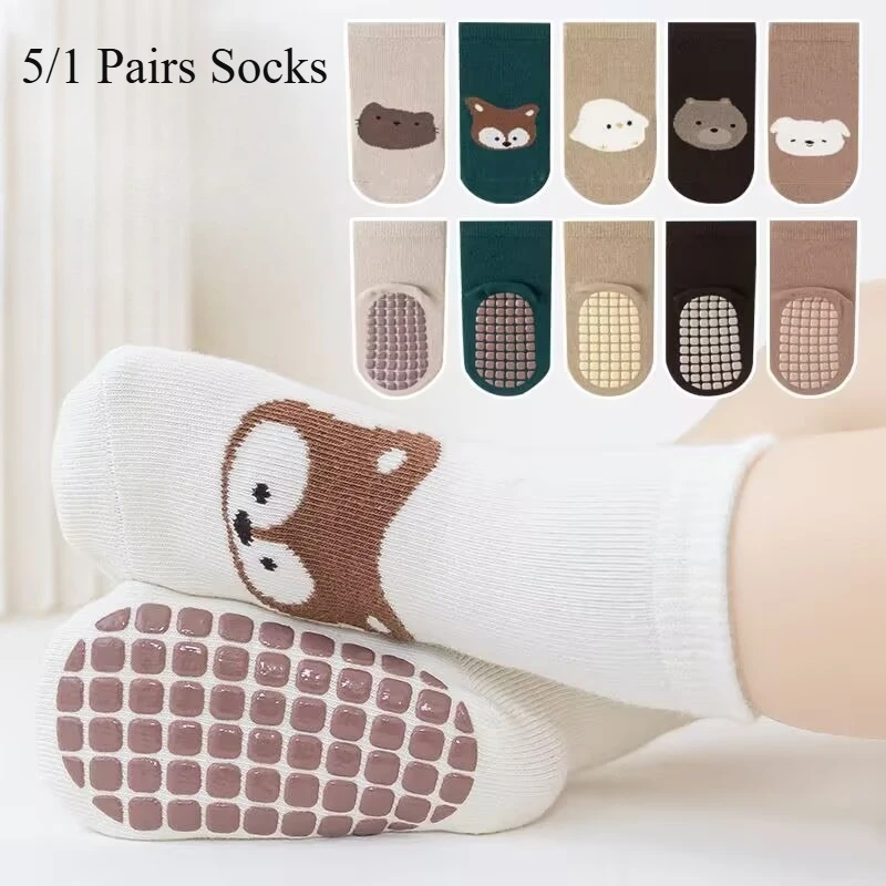 5/1 PCS Newborn Boy Girl  Anti-Slip Floor Socks Spring Autumn Korean Cartoon Toddler Socks Children Rubber Soles Sports Sock
