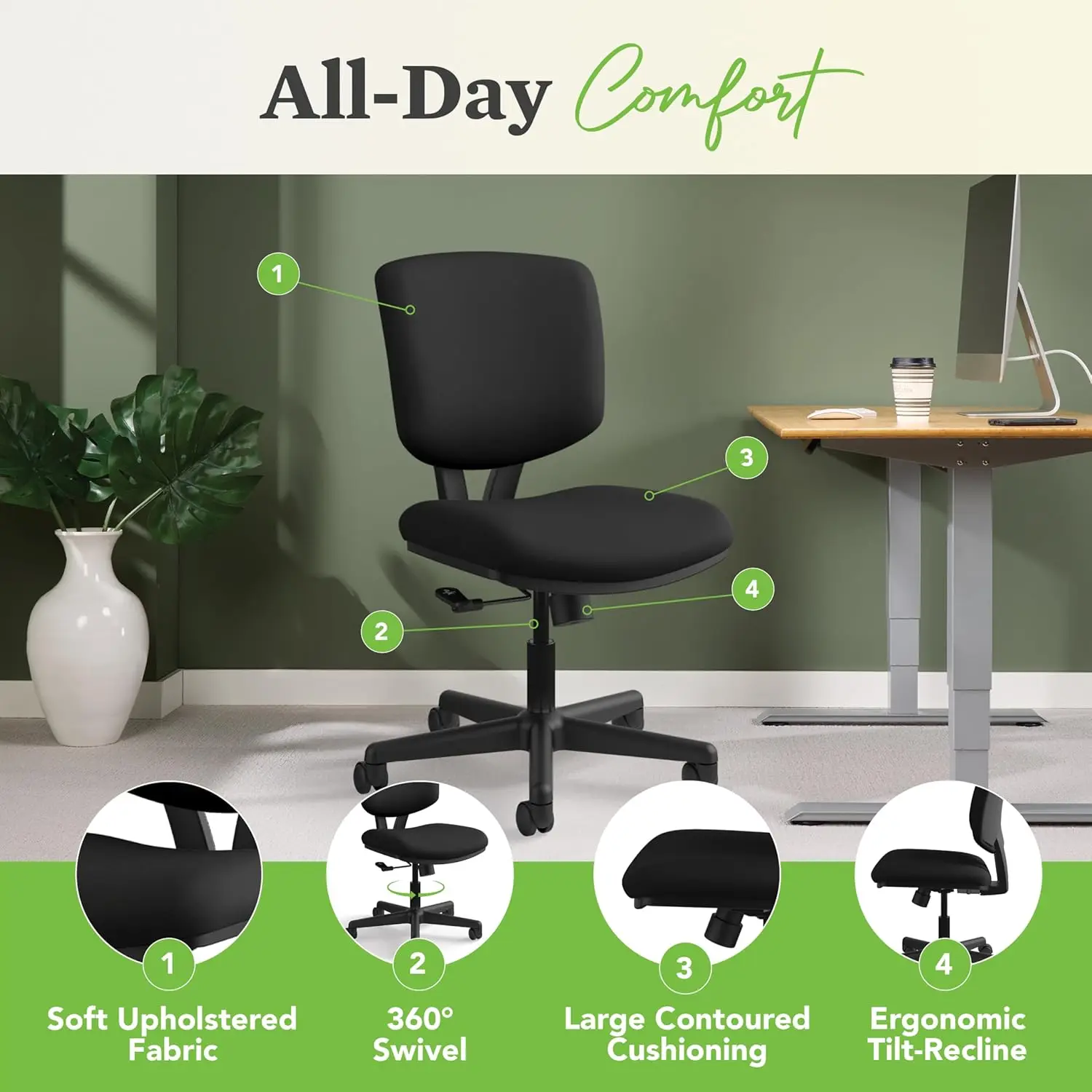 Volt Armless Desk Chair Small Office Chair No Arms Task Chair