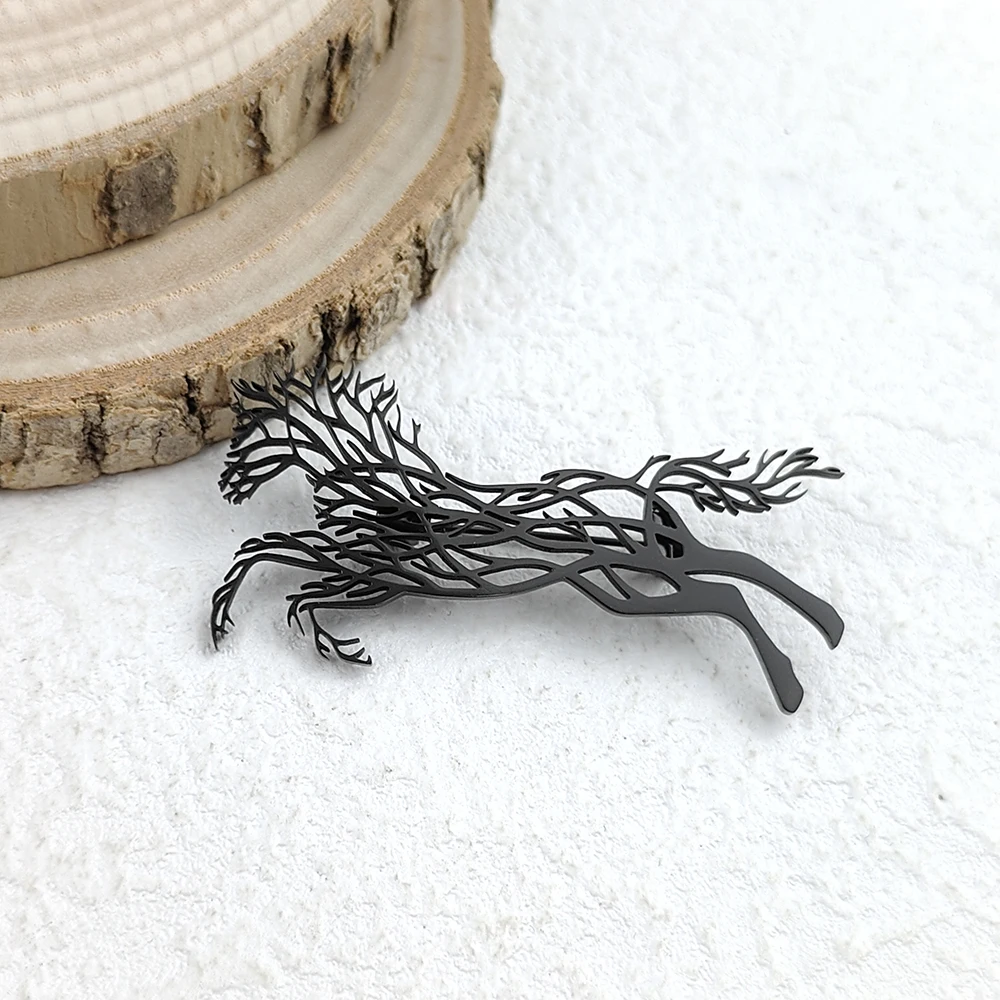Original Animal Running Horse Men\'s Suit Gold Plated Collar Pin, High Quality Stainless Steel Black Brooch, Gift for Men