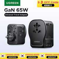 UGREEN 65W Universal Travel Adapter 2 USB-C 1 USB-A AC Socket CE FCC UKCA TÜV Certified for EU US UK JP KR CN Surge Protection