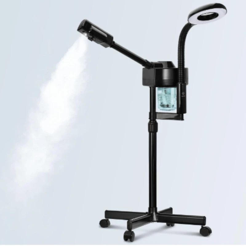 Professional black 2-in-1 hot mist steamer with 5x magnification lamp ozone deep cleaning for salon spa facials