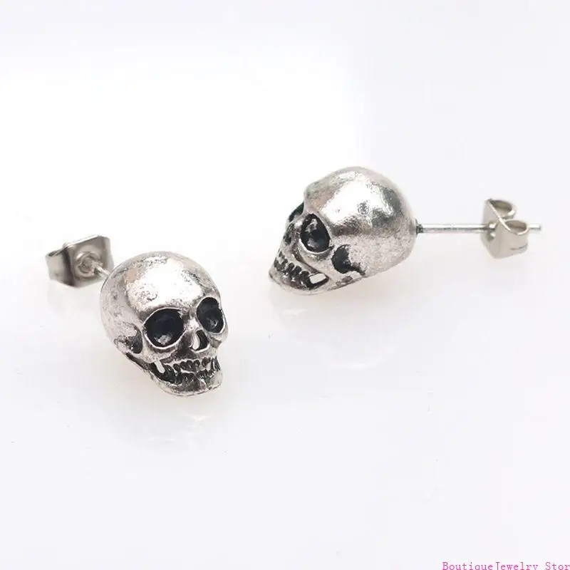 E1PE All-match Punk Skull Earrings Silver Black Rock Ear Piercing Earring Vintage Skull for Head Post Earring for P