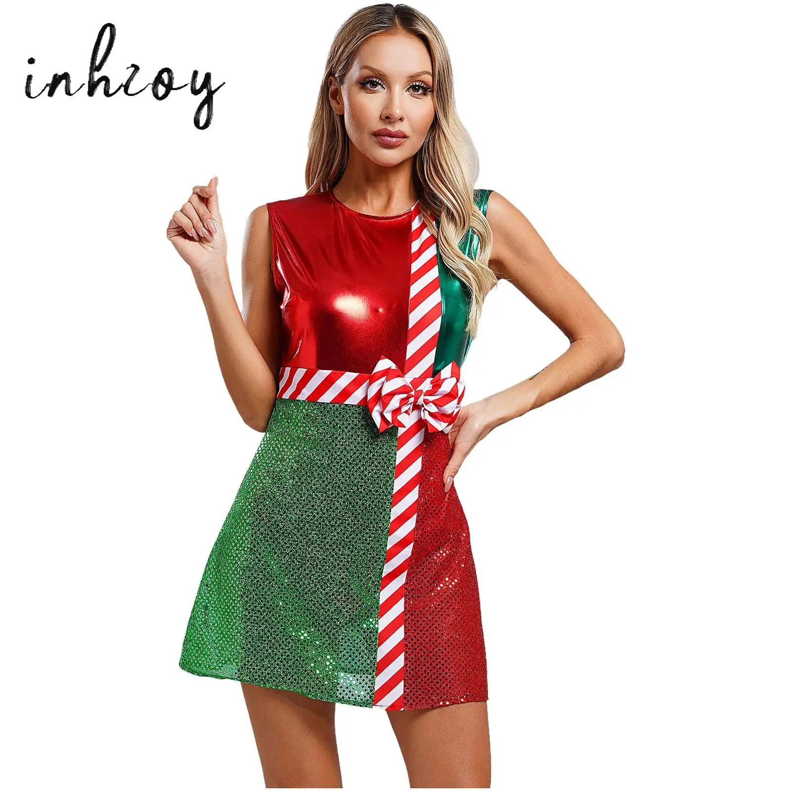 

Womens Sequins Christmas Dance Costume Candy Cane Ballet Tutu Dance Dress Bowknot Leotard Xmas Party Mrs Santa Elf Dancewear