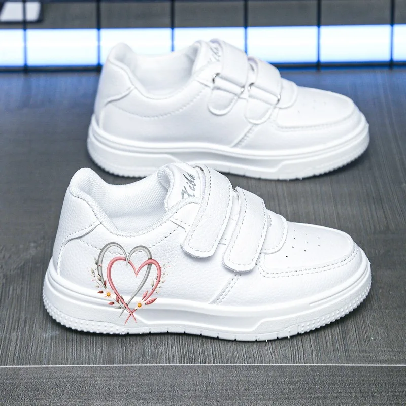 Girls Casual Shoes for School with Double Heart Daisy Flowers Prints Princess Sweet Kids White Sneakers Soft Non-slip Fashion