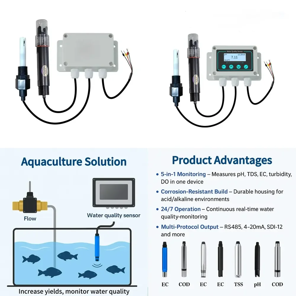 4-20mA 0-5V RS485 Multiparameter 2 in 1 Water Quality Analysis Meter Electrode Water EC PH Probe Sensor for Water Treatment