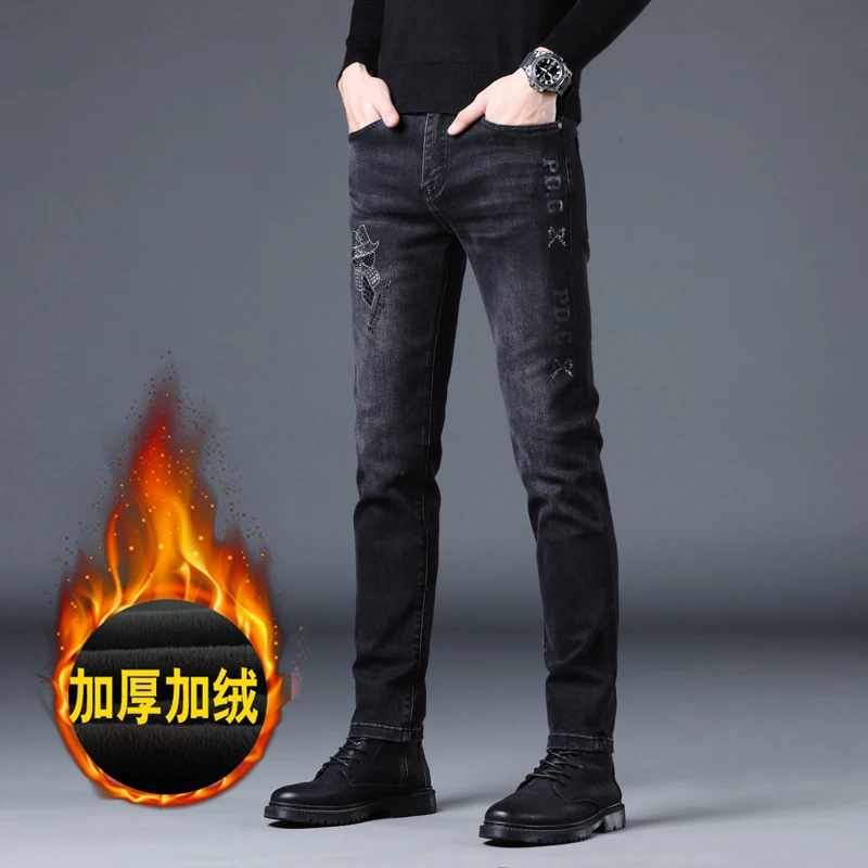 High-end trend brand European hot diamond embroidery men's fleece lined jeans Slim casual black new men's pants