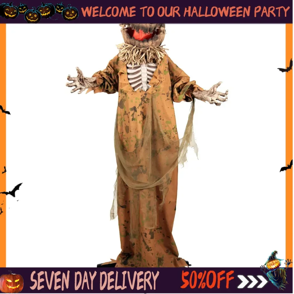 

Halloween Animatronics Pumpkin Figure with Pop Up Head. 5ft 6in Animated Halloween Decoration. Standing Evil Pumpkin Man Scary