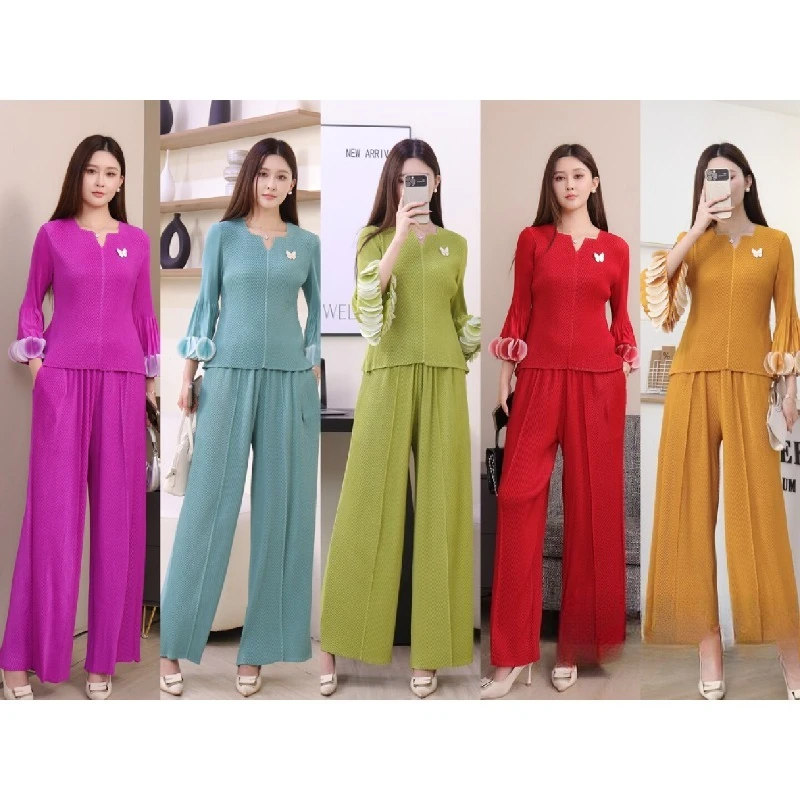 

Miyake плиссированный весенне-летний новый комплект 2026, женский топ с v-образным вырезом и рукавами-лепестками, повседневные прямые брюки с высокой талией, комплект из двух предметов