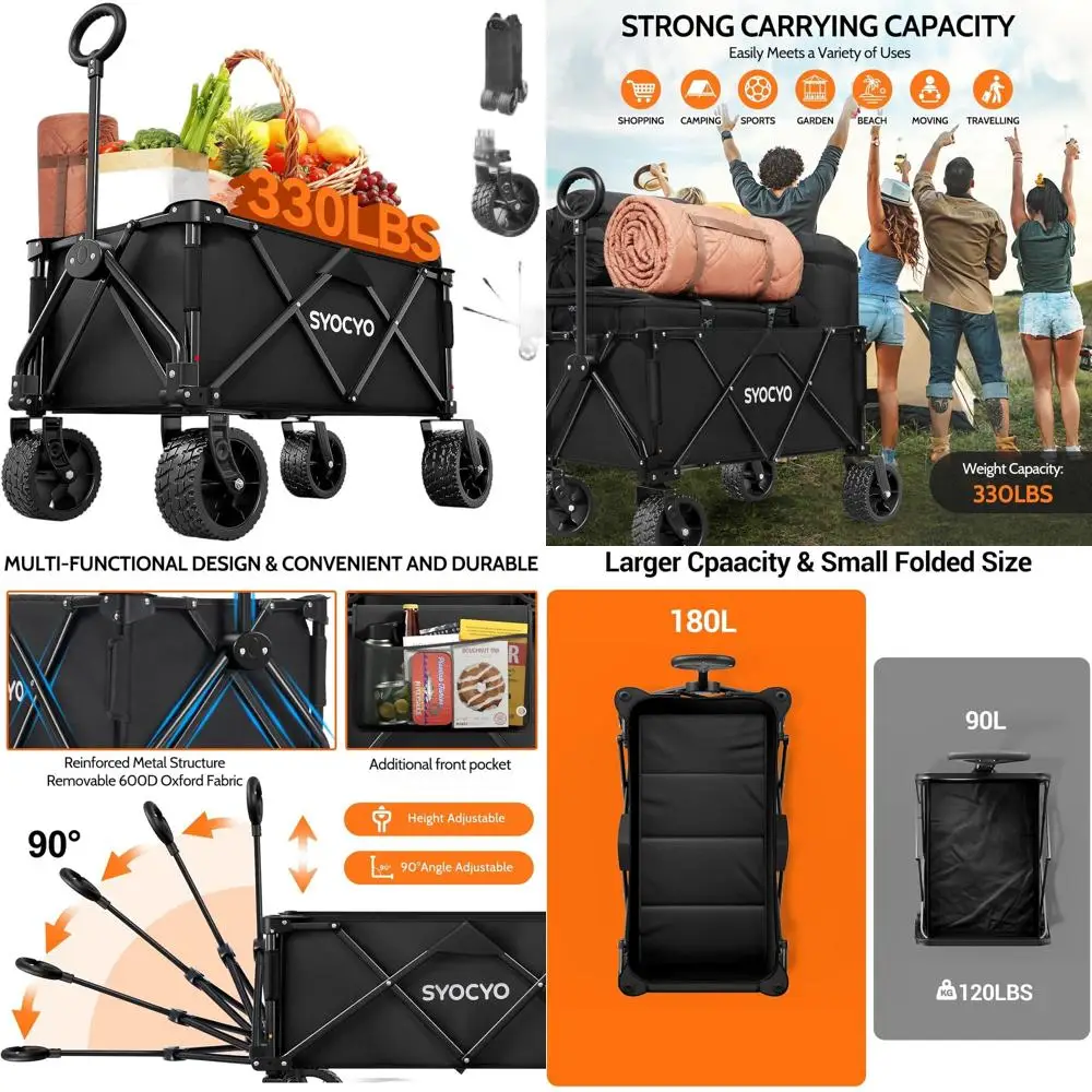 

Durable Foldable Utility Wagon with Large Tires for Outdoor Adventures, Heavy-Duty Cart with Cup Holders for Beach, Camping, Gar