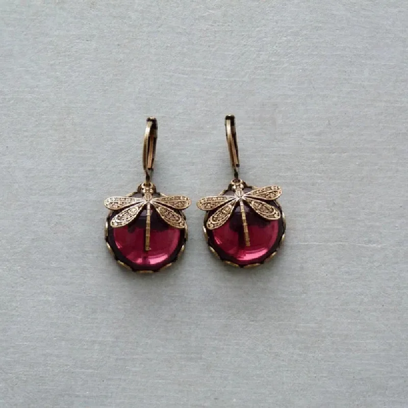 Rose Red Retro Glass Cabochon, Victorian Brass Dragonfly Earrings, A Beautiful Gift For Women