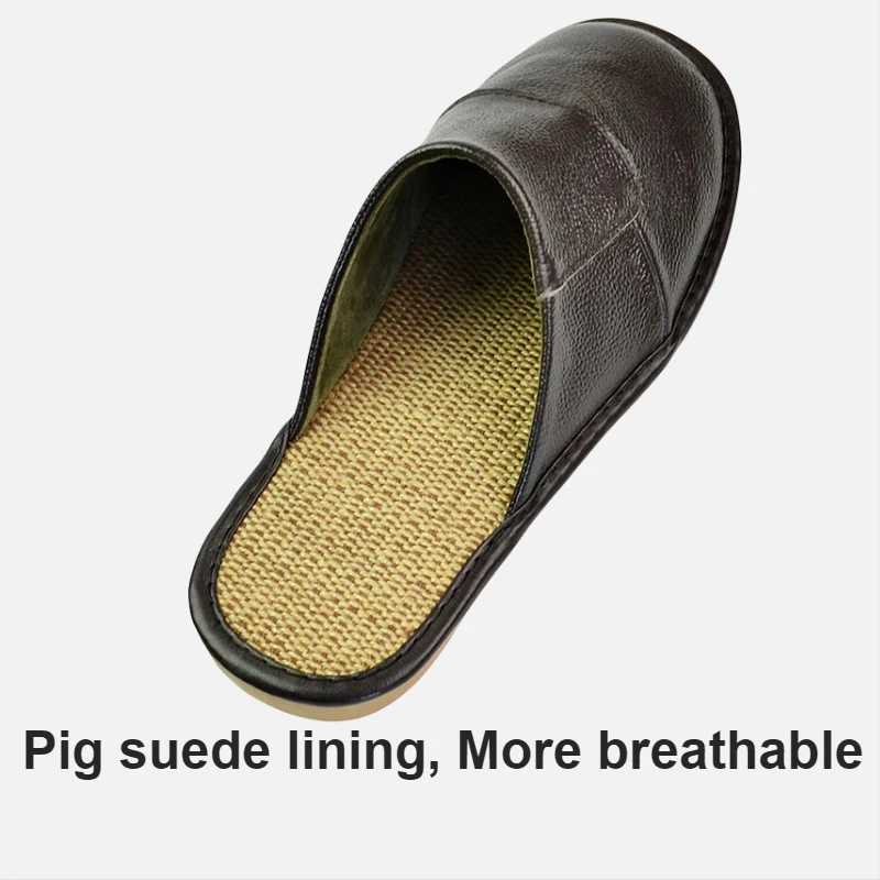 Genuine Cow Leather Linen Slippers Homes in indoor slipper Spring Autumn men women elderly non-slip casual single Slides shoes