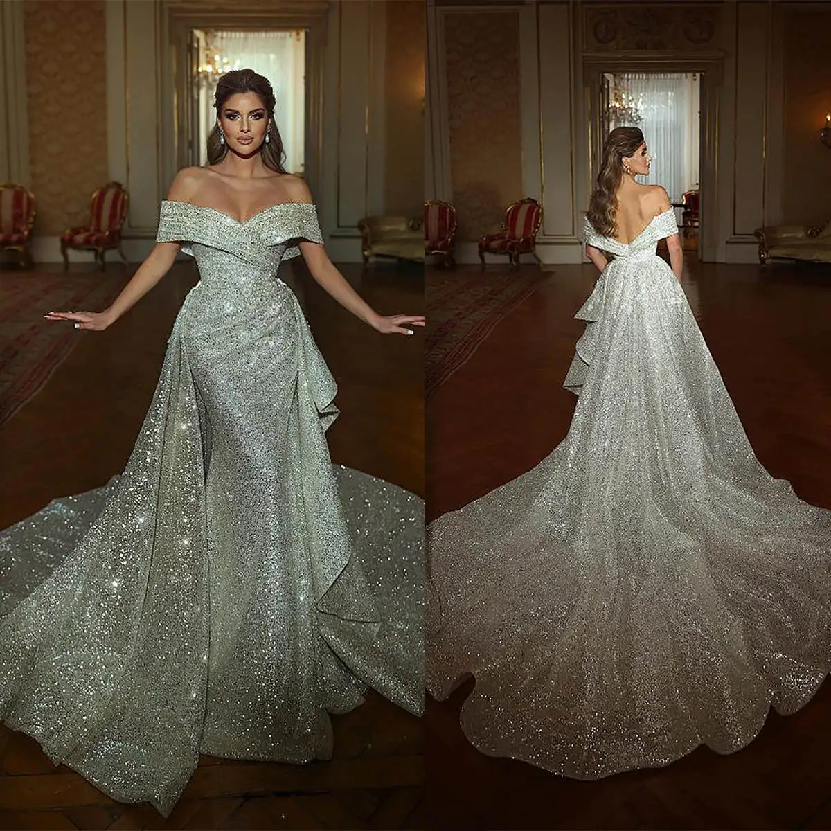 Gorgeous Mermaid Wedding Dress Sequins Off Shoulder Bride Gowns Bling Detachable Sweep Train Bridal Dresses Customized