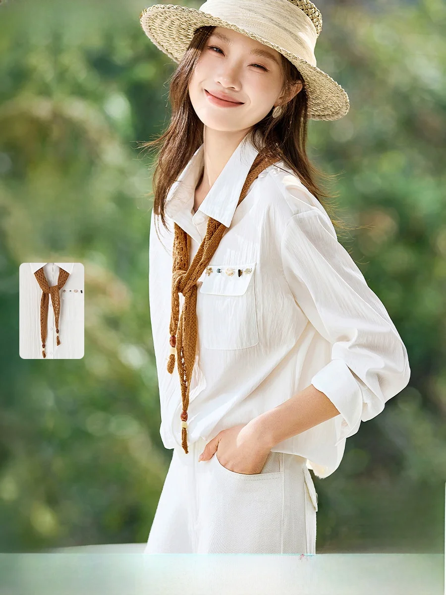 

Mehai Casual Sle irt Spring 2026 New Color Blo Scarf Decoration Beads Versatile Cotton Feeling Long Sve Women's irt