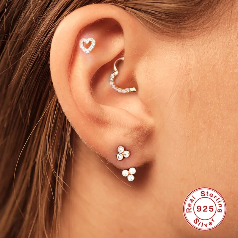 LENNIK 925 Sterling Silver Sparkling Zircons Front Back Earrings Women Minimalist Ear Jacket Clover Crystal Double Wear Studs