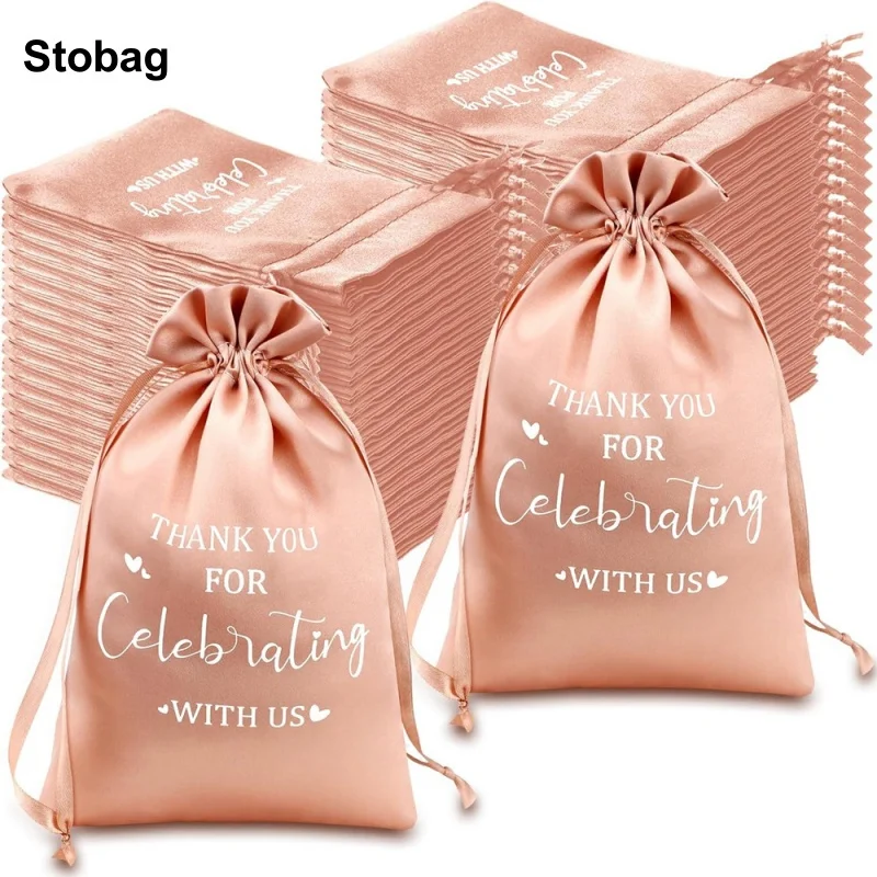 

StoBag 50pcs Wholesale Pink Silk Bags Thank You Small Wedding Drawstring Pouch Gift Jewelry Packaging Storage Reusable Party