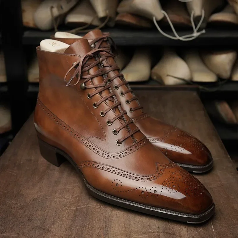 Brown Brogue Men Short Boots  Lace-up Ankle Handmade Square Toe Motorcycle Boots  with Men Boots Zapatos Hombre