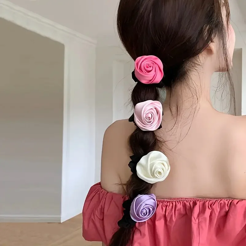 

New French satin rose hair band ponytail headband large intestine ring fashion headgear hair accessories women's Christmas gift