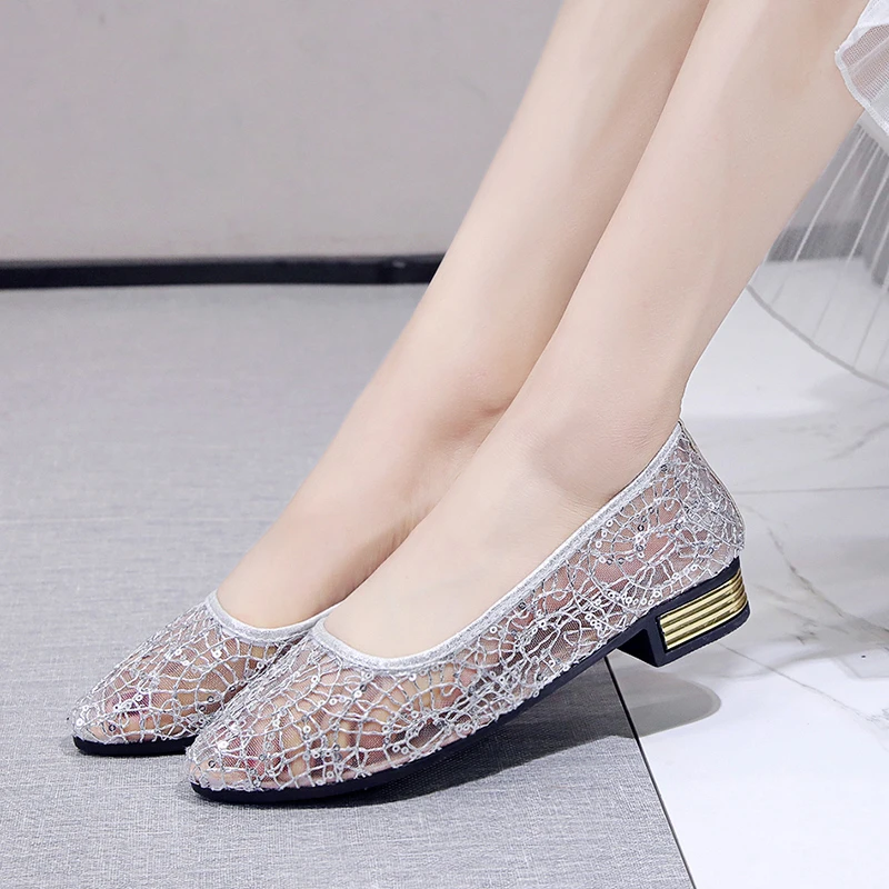 2023 Summer Women\'s Transparent Shoes Female Breathable Mesh Sandals Woman Party Sequins Low Heels Women Silver Big Size Sandals