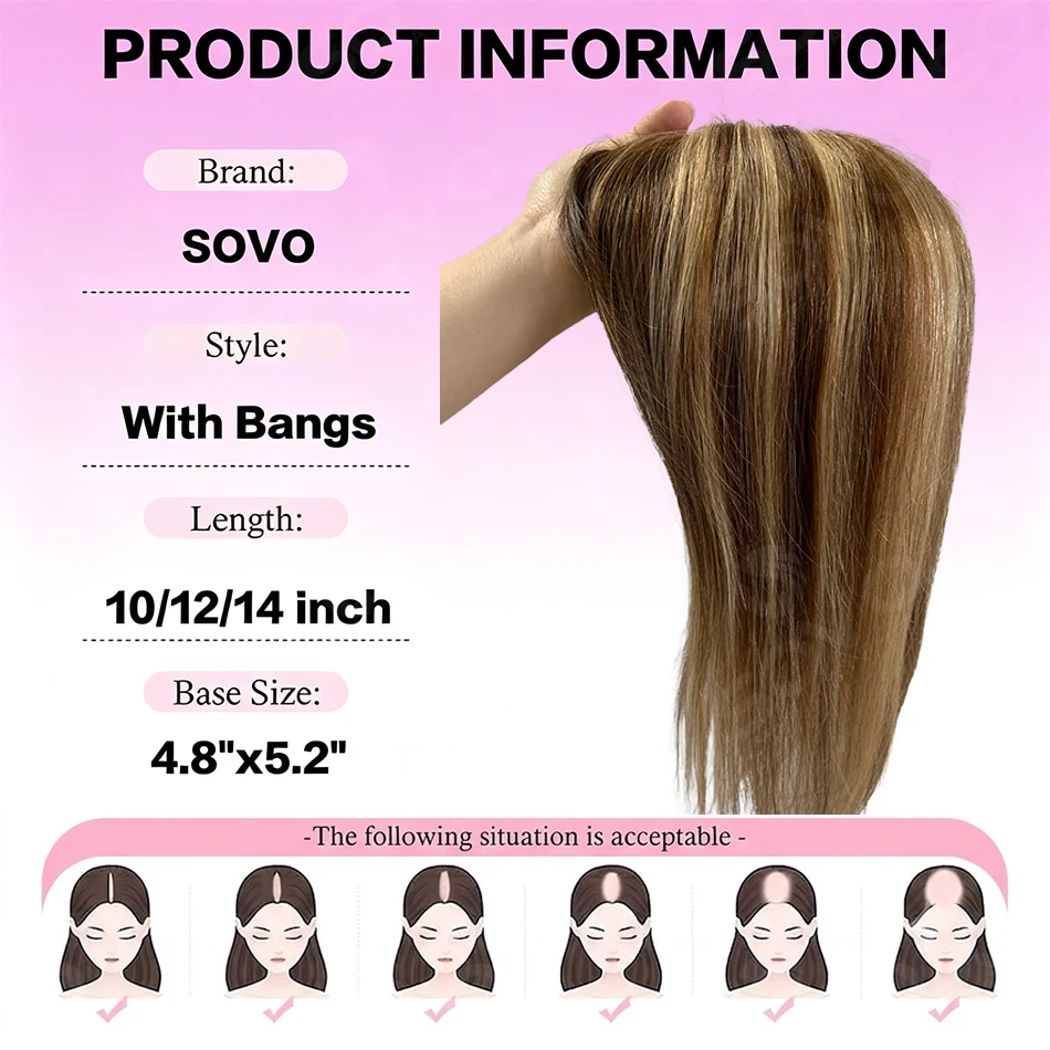 100% Remy Human Hair Topper with Bangs #4/27 Chestnut Bronzed Blonde 4 Non-Slip Silicone Clips Invisible Base Add Volume Covers
