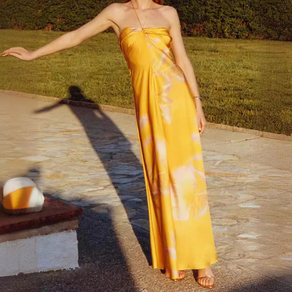 

2025 Summer New Women's Fashion Yellow Printed Satin Dress Sleeveless Backless Hanging Neck Sexy Long Skirt Ladies