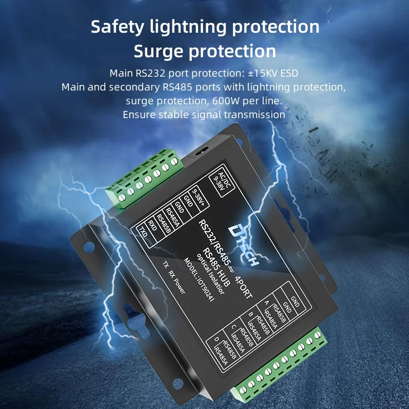 DTECH Industrial RS232 RS485 to 4-Channel Optocoupler RS485 Hub with Indicator Light IOT9024I
