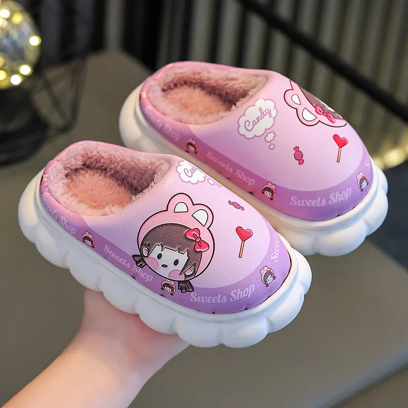 New Winter Waterproof Cute Cartoon Warm Indoor Mule Soft Non-slip Fluffy Slippers For Kids Boys Girls Children Home Cotton Shoes