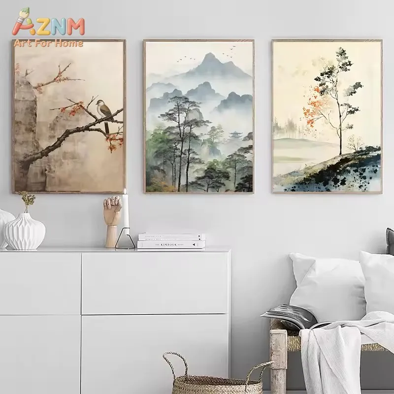 AZNM Oriental Ink Landscape Canvas Poster Frameless Wall Art Chinese Mountain Pagoda Plum Blossom Bird Watercolor Print For Livi
