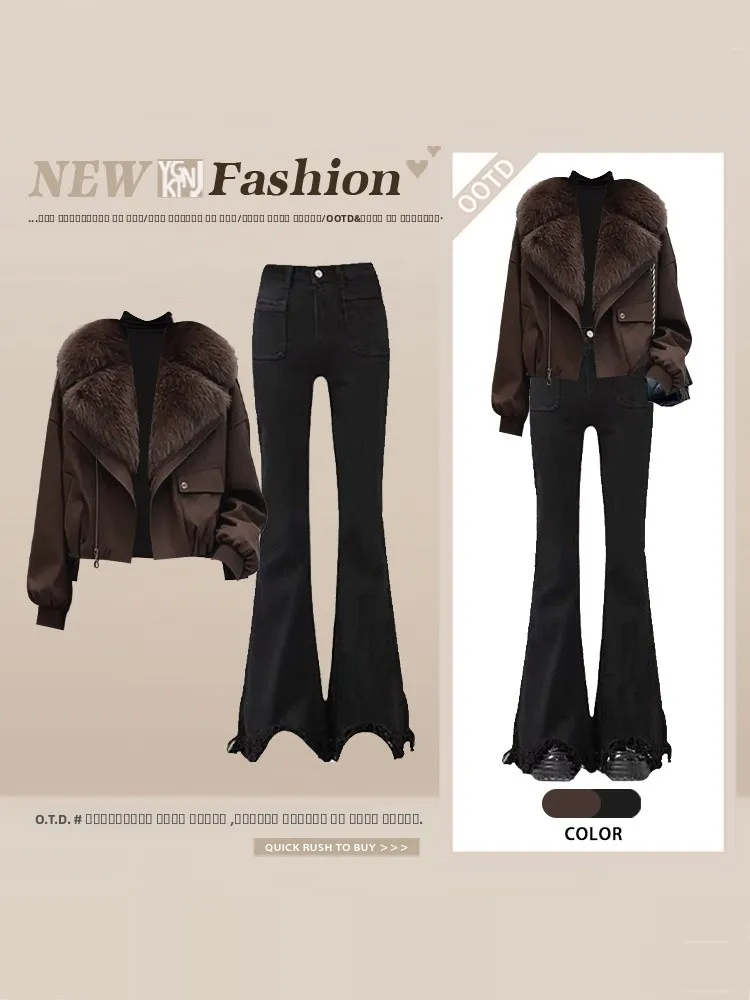

Retro Fur Collar Jacket Black Base Top Flared Jeans Women's Winter Three-Piece Set Petite Elegance Ensemble Cotton Clothes