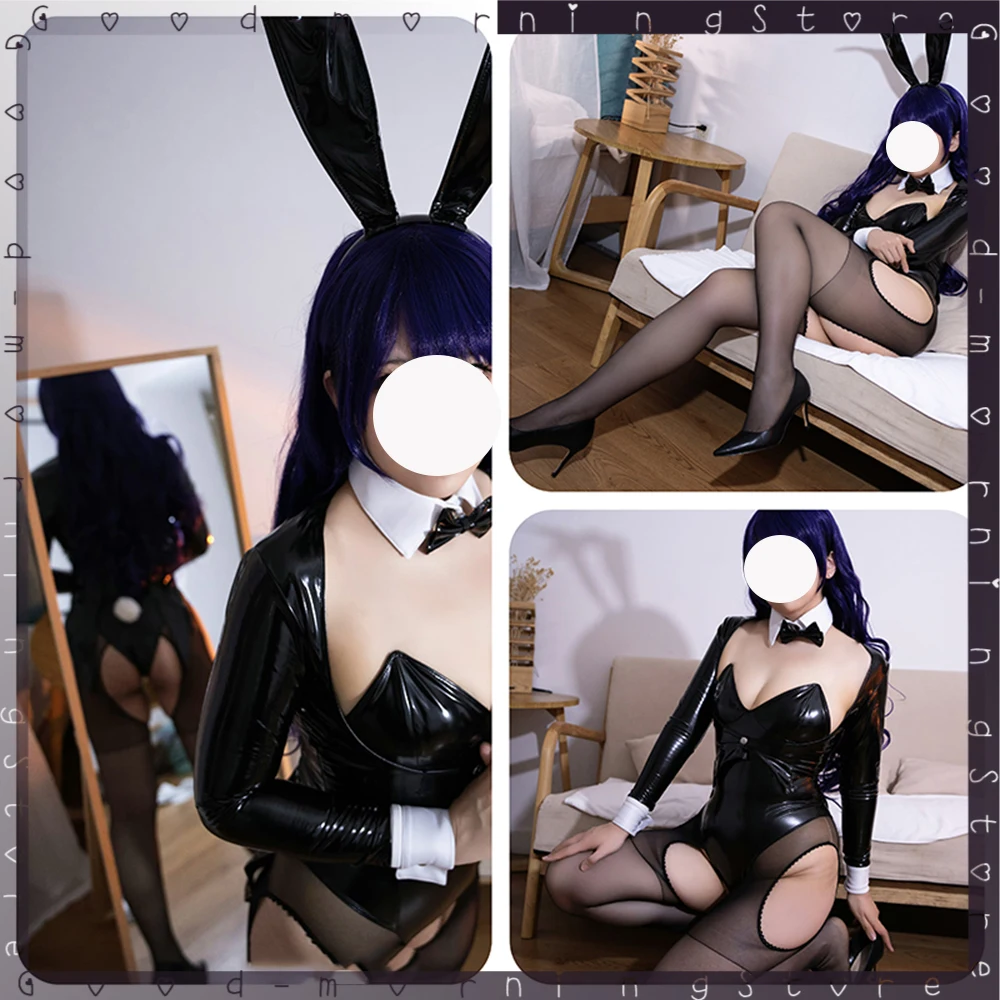 anime My Dress-Up Darling Kitagawa Marin Cosplay black pu Bunny Girl Marin Kitagawa Wig Bunny Ear Cosplay pu Costume Outfit