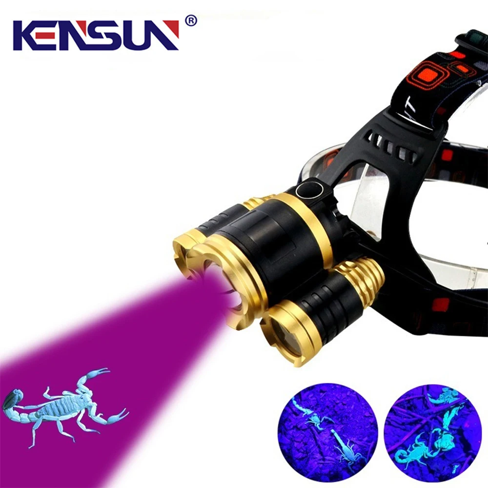 Powerful 3-head LED Headlamp White/UV Light Scorpion Head Lamp USB Rechargeable Strong Light Zoom Headlight Waterproof Outdoor